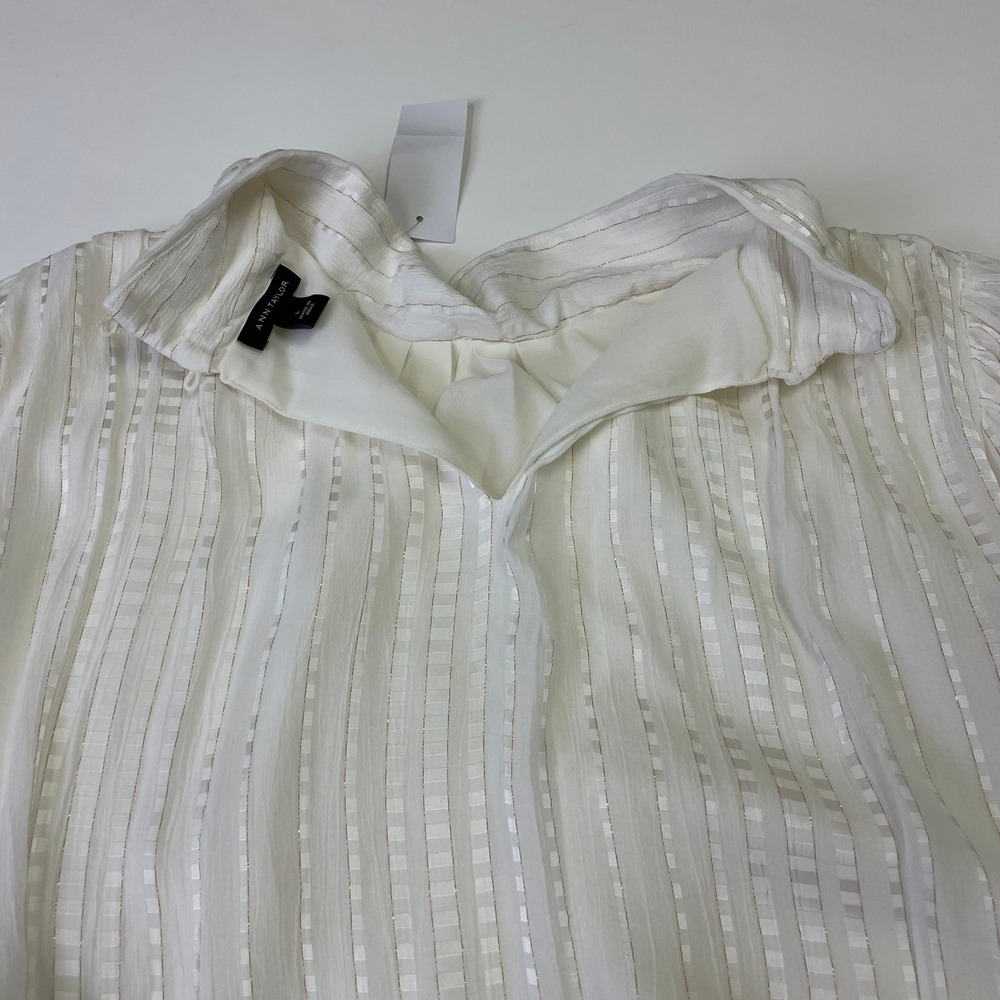 NEW Ann Taylor White Gold Metallic Stripe Mock Neck Blouse Large Bohemian - Picture 12 of 16